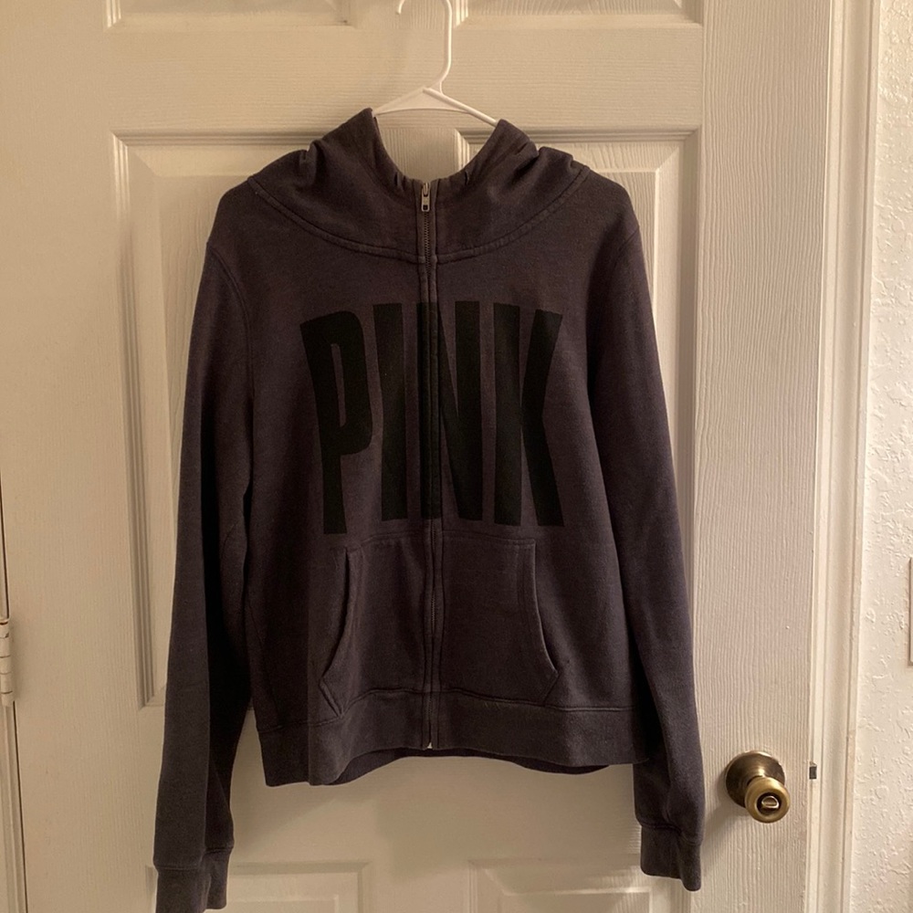 VS Pink Gray and Black Funnel Neck Zip Up Sweater Size: Large